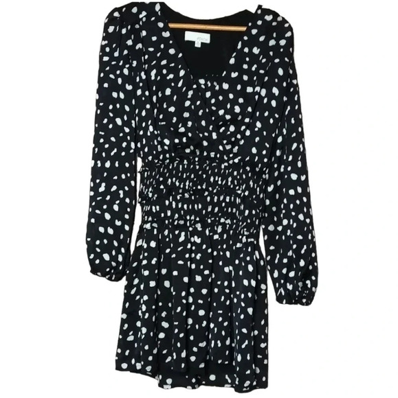 Y2K printed black & white surplice mini dress sheer sleeves lined skirt small - Picture 2 of 16